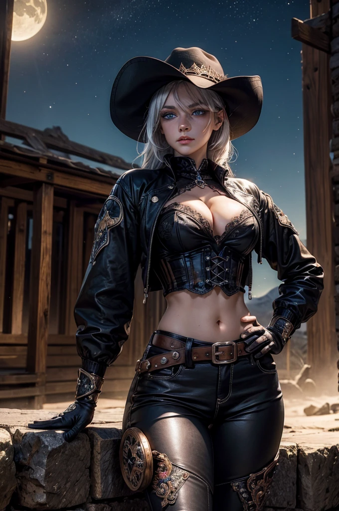 gothic, fit, thick, western, dark, ponytail, white hair, (blue eyes:1.3), pink eyes, (heterochromia:1.2), BREAK gloves, hat, navel, detached sleeves, midriff, belt, leather, brown pants, black pants, white gloves, black headwear, cowboy hat, hands on hips, BREAK sitting, outdoors, night, stars, moon, gothic, western, desert town, , BREAK looking at viewer, (cowboy shot:1.5), BREAK (masterpiece:1.2), best quality, high resolution, unity 8k wallpaper, (illustration:0.8), (beautiful detailed eyes:1.6), extremely detailed face, perfect lighting, extremely detailed CG, (perfect hands, perfect anatomy), cameltoe, 4K, ULTRA DETAIL, tight jacket, tight corset, brown, black, white, , chest
