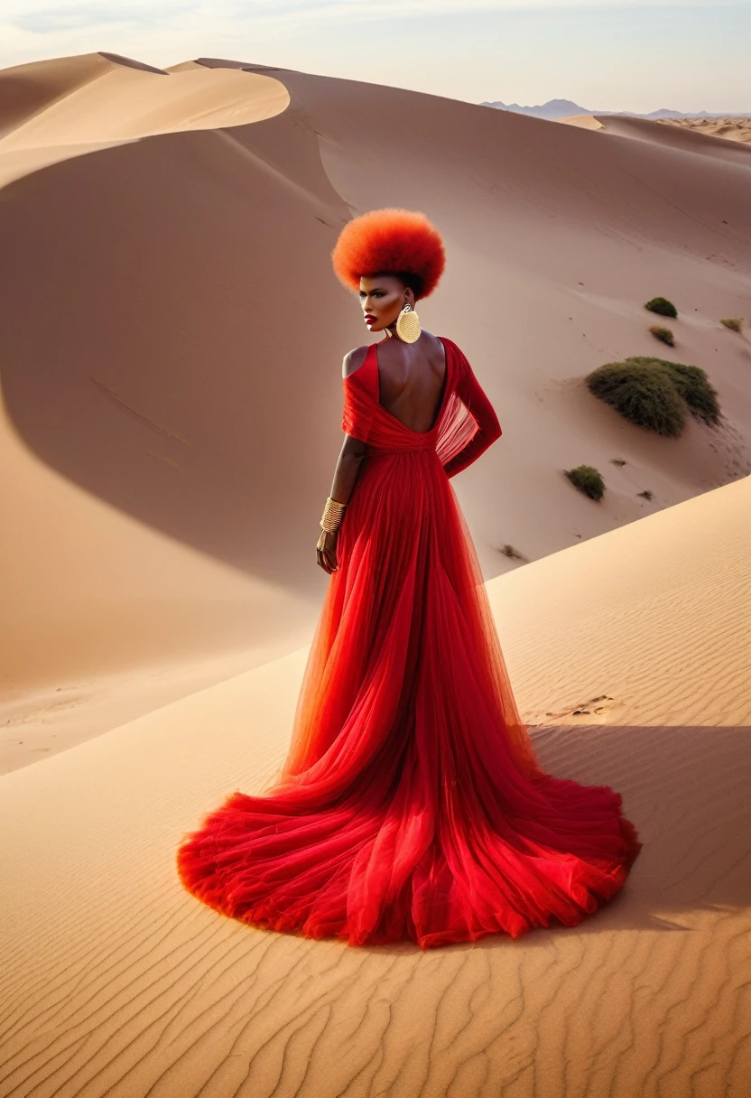 grace jones wearing red gown giant afro wig over a dune in a desert double exposure warm colors full body full face
