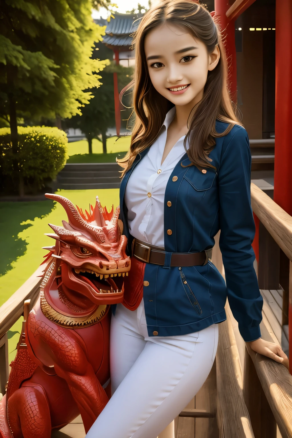 1girl, masterpiece, best quality, making friends with the Chinese dragon, fun, happy, bright, loong,