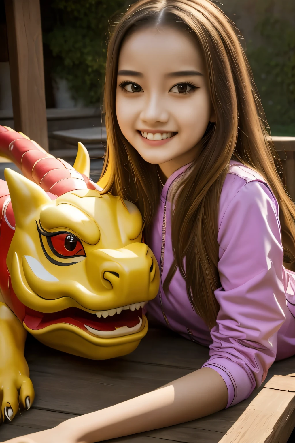 1girl, masterpiece, best quality, making friends with the Chinese dragon, fun, happy, bright, loong,