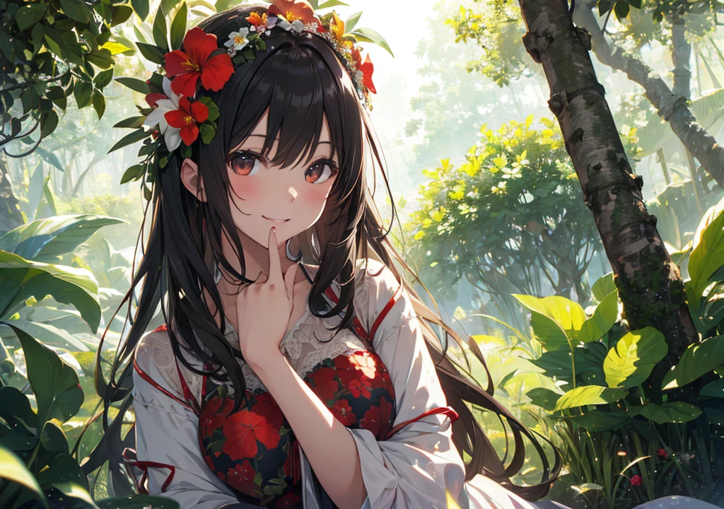 Realistic photos, Focus distance 10mm, Red and white, A big smile, Beautiful girl, Realistic photos, Focus distance 10mmで撮影, masterpiece, 最high quality, high quality, Very detailed CG 8k wallpaper unit, Award-winning photography, Depth of written boundary, High resolution, bloom, chromatic aberration, Realistic, Very detailed, Art Station Trends, CGsociety Trends, Complex, High detail, dramatic, Art on the go, volumetric lighting, A beautiful girl is wearing a colorful flower crown while surrounded by green trees in a Hawaiian rainforest