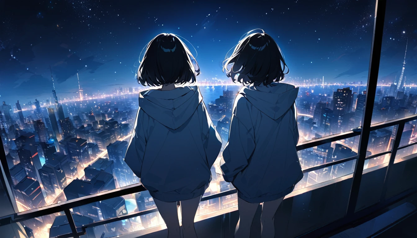 Starry Sky、Night view、City、One woman、Black Hair、Short Hair、Hair blowing in the wind、Wearing a hoodie、Back view、Full body portrait、Overlooking the city from the balcony、Vision