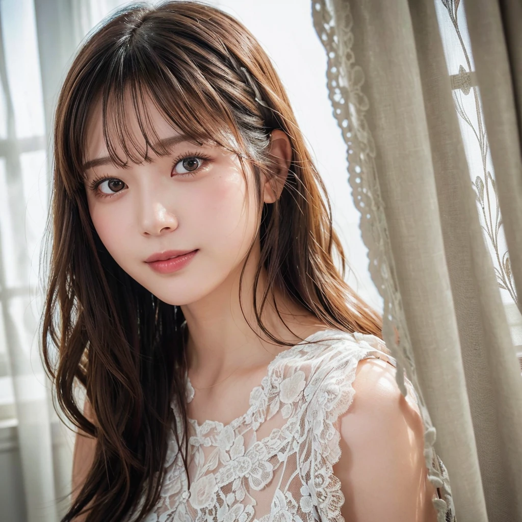 (Highest quality,masterpiece:1.3,超High resolution),(Very detailed,Caustics,8k),(Realistic:1.4,RAW shooting),Super detailed, 超High resolution,18-year-old,Japanese,黒いLong Hair,耳前にLong Hair, (Long Hair:1.2), (Wavy Hair:1.2), (鈍いbangs:1.2), Chest-up shot,Ultra high definition 8K,Highest quality,Very detailedな,masterpiece,Realistic,Rich details,Photographic realism,Very detailedな環境,Very detailedな照明,Very detailedな詳細,,Detailed skin texture,Scattered under the surface,(blush:0.5),Photographic works,A slightly sad expression,Beautiful, shining lips, Detailed face、 bangs, Hair between the eyes, (Tangled in lace curtains:1.5),Smiling and looking at the camera,Top view angle,,Natural light, masterpiece, Highest quality, High resolution, ,(Face Focus:1.1),(Face close-up:1.1),Sunset