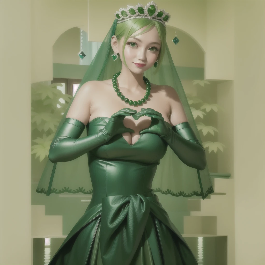 Emerald tiara, Green Pearl Necklace, ボーイッシュな非常に短いGreen Hair, Green Lips, Smiling Japanese woman, Very short hair, Busty beautiful lady, Green Eyes, Green satin long gloves, Green Eyes, Emerald Earrings, Green veil, Heart with both hands, Green Hair, Beautiful Japanese Woman, Heart shaped hands:1.3, green lip gloss