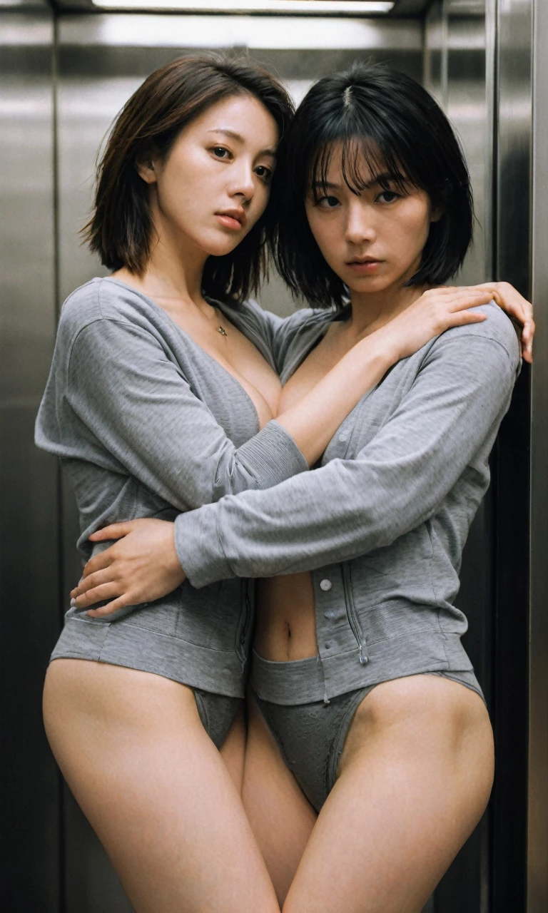 xxmixgirl,(NSFW),(RAW photo, Best quality), (Realistic, photo-realistic:1.2), 2girls, High quality, (highdetailskin:1.4), Two girls hugging,The chests squeeze against each other,huge tit,nipple,nakeness,,in a lift, in a elevator,wet_clothes,