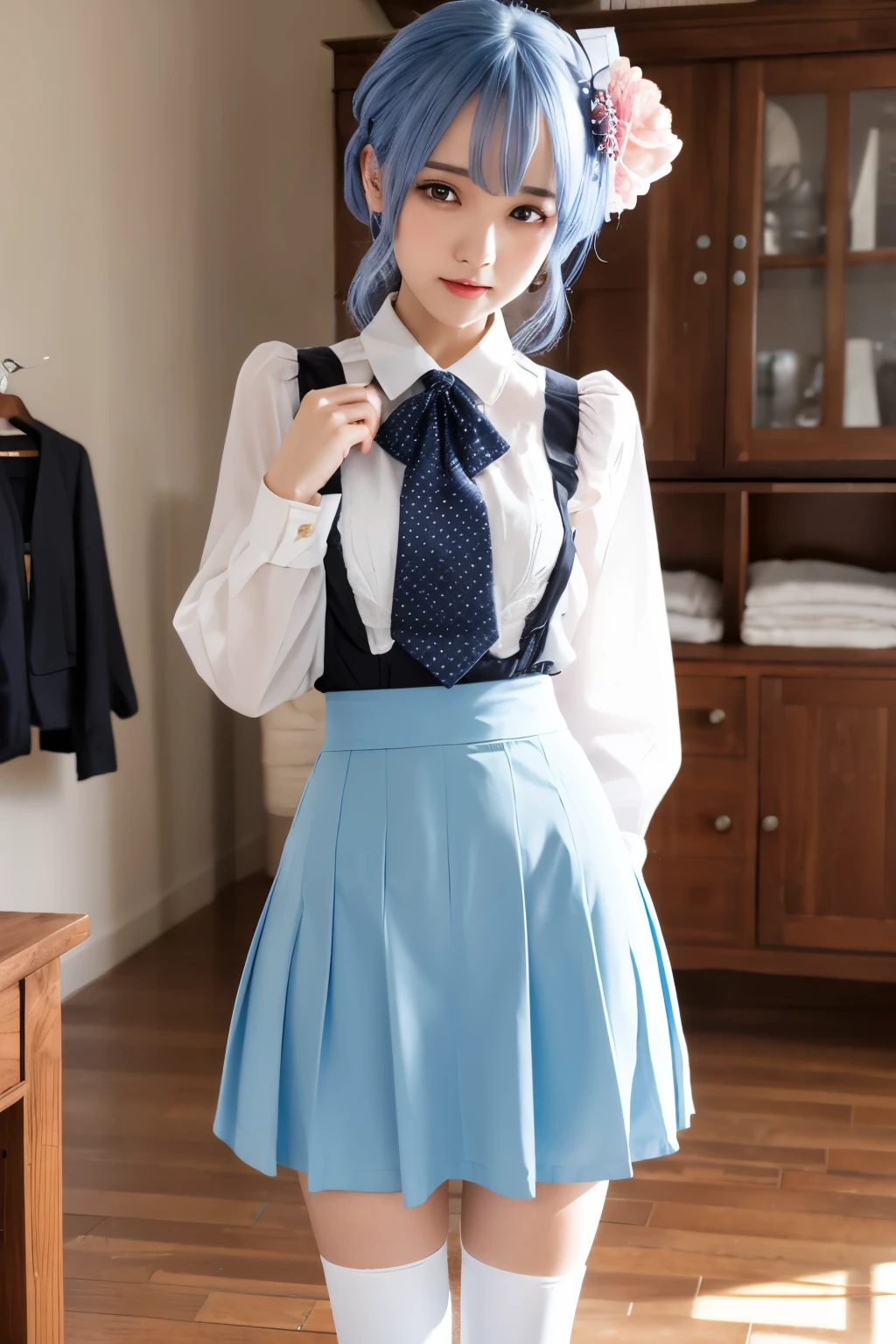 Rem,high quality,Skirt lifted,Maid clothes,Light blue pants,Your clothes are torn,blush,Watery eye