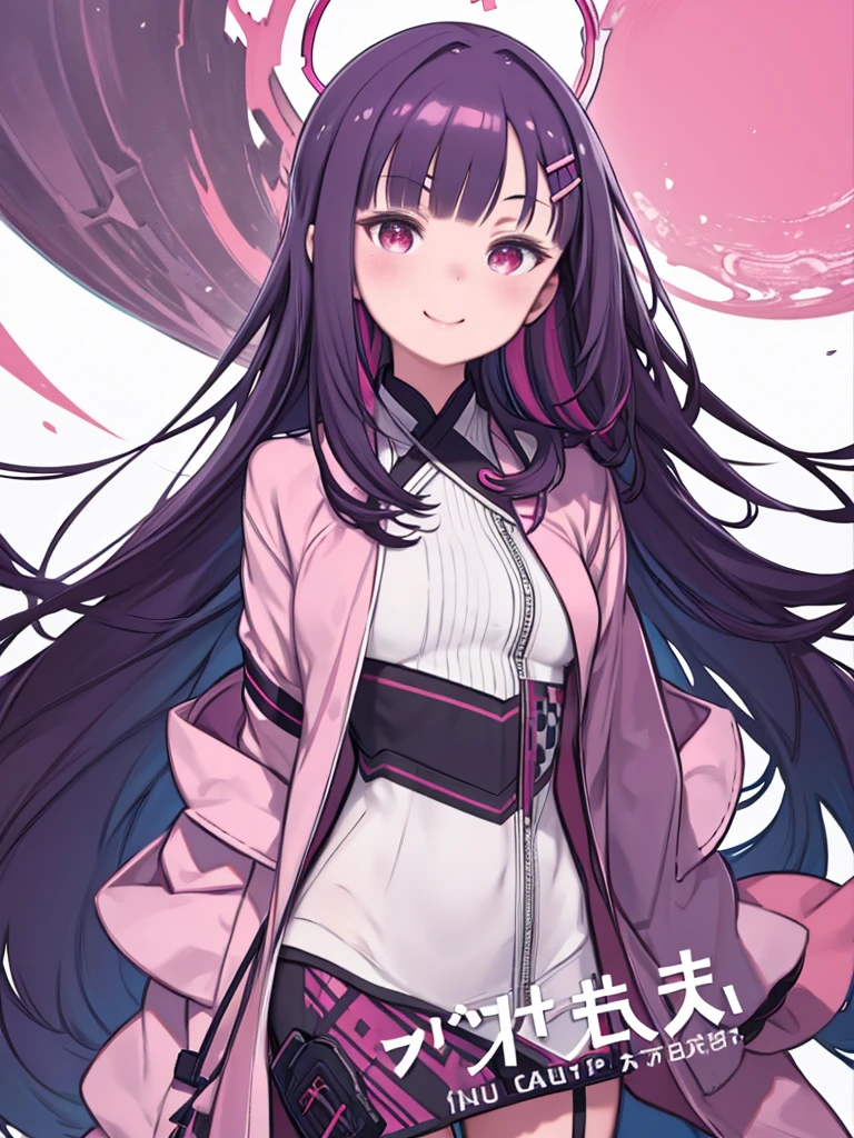 score_9, score_8_superior, score_7_superior, One girl, View your viewers, hand_のsuperior_Own_chest, A kind smile, Dark purple hair, Multicolored Hair, bangs, Hair Clip, Red eyes, 小さいchest, pink safari jacket, superiorから, Colorful background,