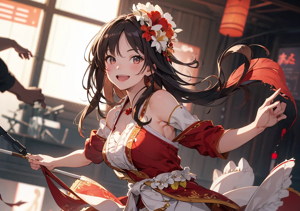 Realistic photos, Focus distance 10mm, Red and white, A big smile, Beautiful girl, Realistic photos, Focus distance 10mmで撮影, masterpiece, 最high quality, high quality, Very detailed CG 8k wallpaper unit, Award-winning photography, Depth of written boundary, High resolution, bloom, chromatic aberration, Realistic, Very detailed, Art Station Trends, CGsociety Trends, Complex, High detail, dramatic, Art on the go, volumetric lighting, A beautiful girl dancing in a traditional Hawaiian hula costume.