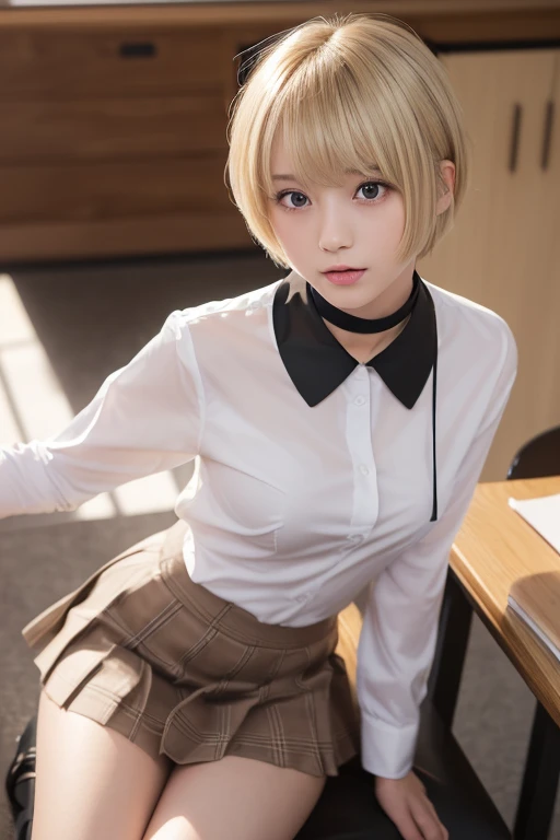 Masterpiece, top quality, official art, highly detailed CG Unity 8K wallpaper, like a schoolgirl, very delicate and beautiful, ultra high resolution, (photorealistic: 1.4), golden hour lighting, (upper body), (platinum shorthair: 0.8), (puffy eyes), looking at the viewer, facing the front, smiling, JK skirt, white dress, Shirt Lift Long Black Hair