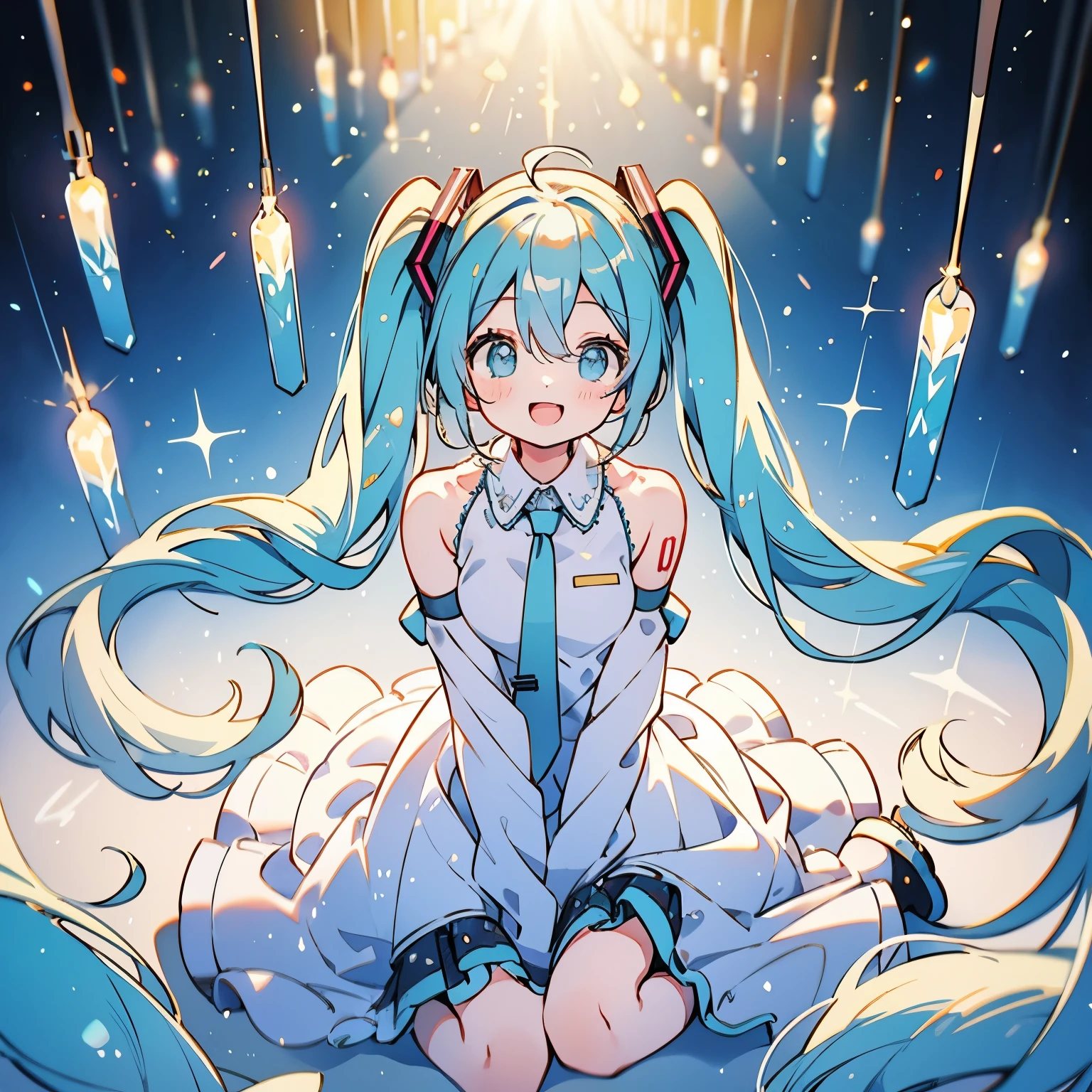 hatsune miku、smile、Sitting、Open your mouth、Particles of light、Observe the audience、Look at this