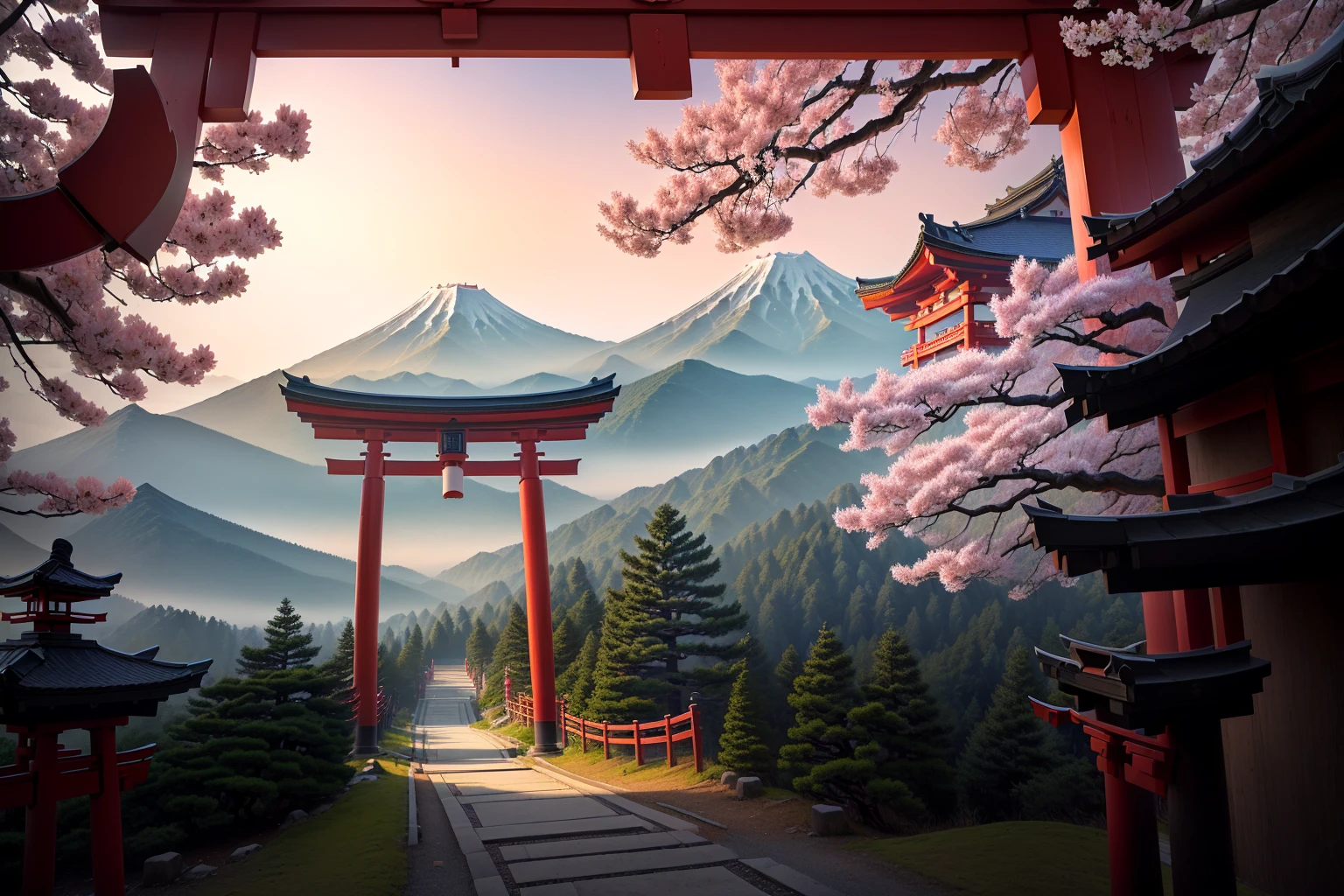 Arafad view with gate and path leading to the mountain, Mount Japan中的鸟居, Torii gate with trees on the mountain, Japanese Landscape, The Flowery Road to Heaven, Japanese Nature, Japanese travel aesthetics, lush Japanese Landscape, Inspired by Torii Kiymoto, Japanese temples, Mount Japan, Japanese Shrines, Centered Torii,((low angle shot 1.7)) ((Camera lens close to the ground to shoot 1.8))