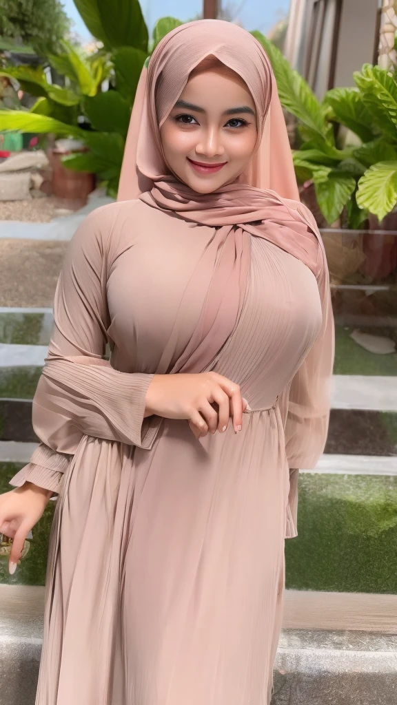 RAW, Best quality, high resolution, masterpiece: 1.3), beautiful Malay woman in hijab,Masterpiece, perfect fit body, ((Huge breast)), erected nipple, biggorgeous eyes, Soft smile,muslim woman in a plain long sleeve shirt and hijab posing for a picture, hijab, with lovely look, with beautiful colors, with accurate face, pose 4 of 1 6, traditional beauty, batik, wearing beautiful clothes, beutifull, with beautiful exotic, attractive pose, cute pose, scarf, wearing plain chiton, very attractive, she is smiling,Delicate turtleneck, necklace, shairband, afternoon walk, City garden, Excellent lighting, Bright colors, Clean lines, Large breasts,