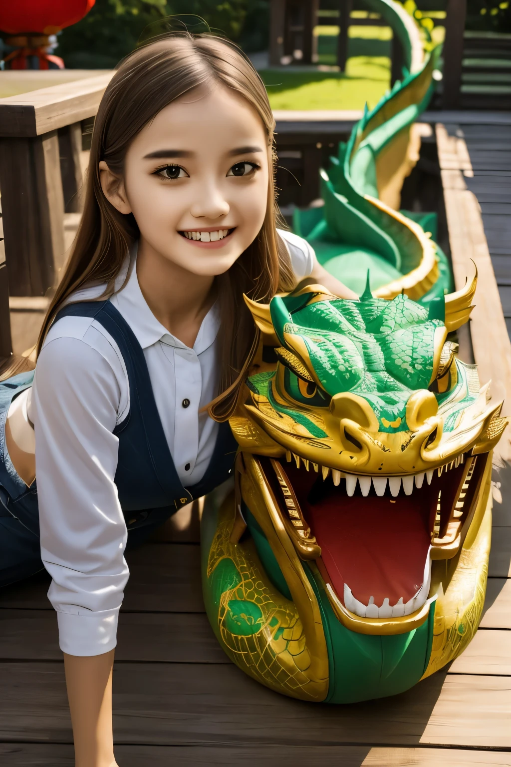 1girl, masterpiece, best quality, making friends with the Chinese dragon, fun, happy, bright, loong,