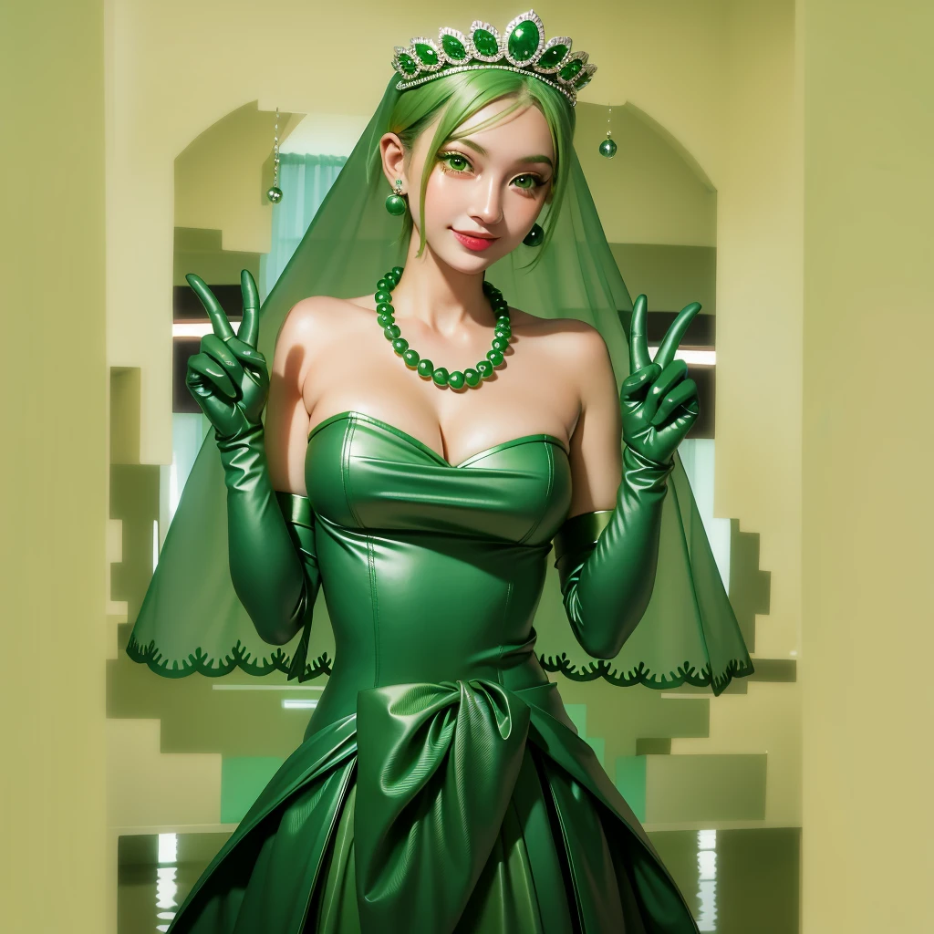 Emerald tiara, Green Pearl Necklace, ボーイッシュな非常に短いGreen Hair, Green Lips, Smiling Japanese woman, Very short hair, Busty beautiful lady, Green Eyes, Green satin long gloves, Green Eyes, Emerald Earrings, Green veil, all, Green Hair, Beautiful Japanese Women, green lip gloss