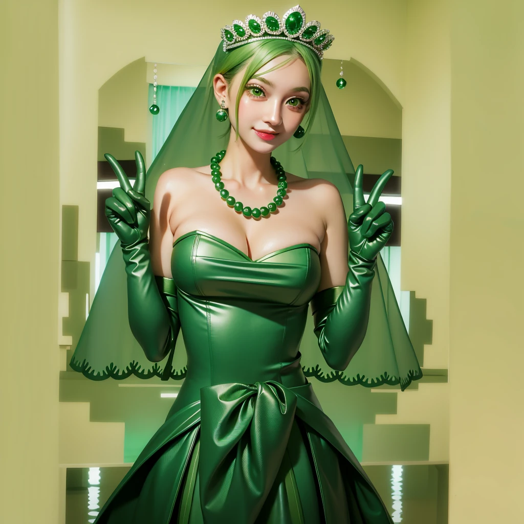 Emerald tiara, Green Pearl Necklace, ボーイッシュな非常に短いGreen Hair, Green Lips, Smiling Japanese woman, Very short hair, Busty beautiful lady, Green Eyes, Green satin long gloves, Green Eyes, Emerald Earrings, Green veil, all, Green Hair, Beautiful Japanese Women, green lip gloss
