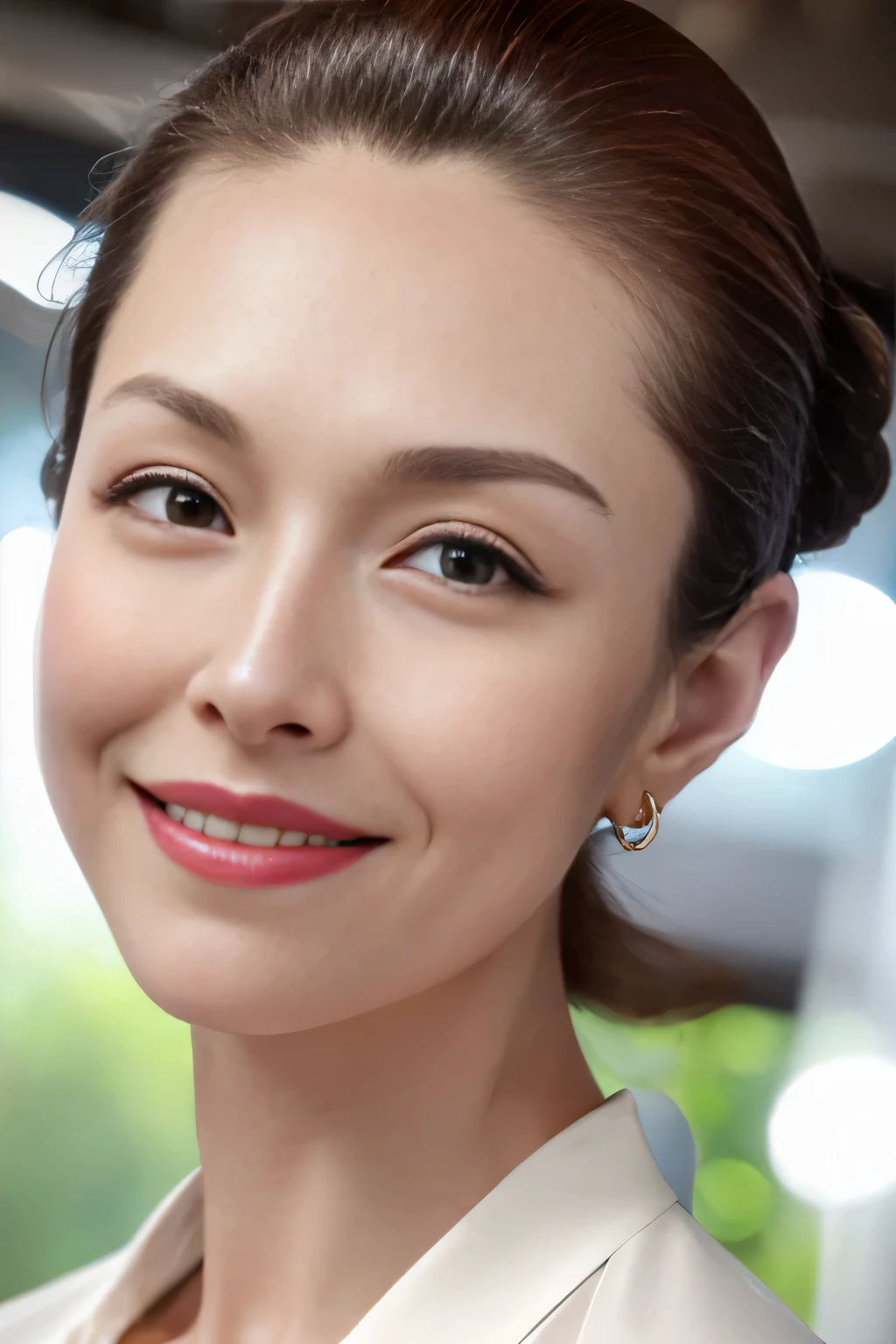 light brown hair, short ponytail, widow's peak, hoop earrings, grin, hair slicked back, depth of field, uhd, anatomically correct, textured skin, best quality, 8k, head shot、One Japanese woman、35 year old housewife、Perfect Makeup、Thin lips、Lip gloss、