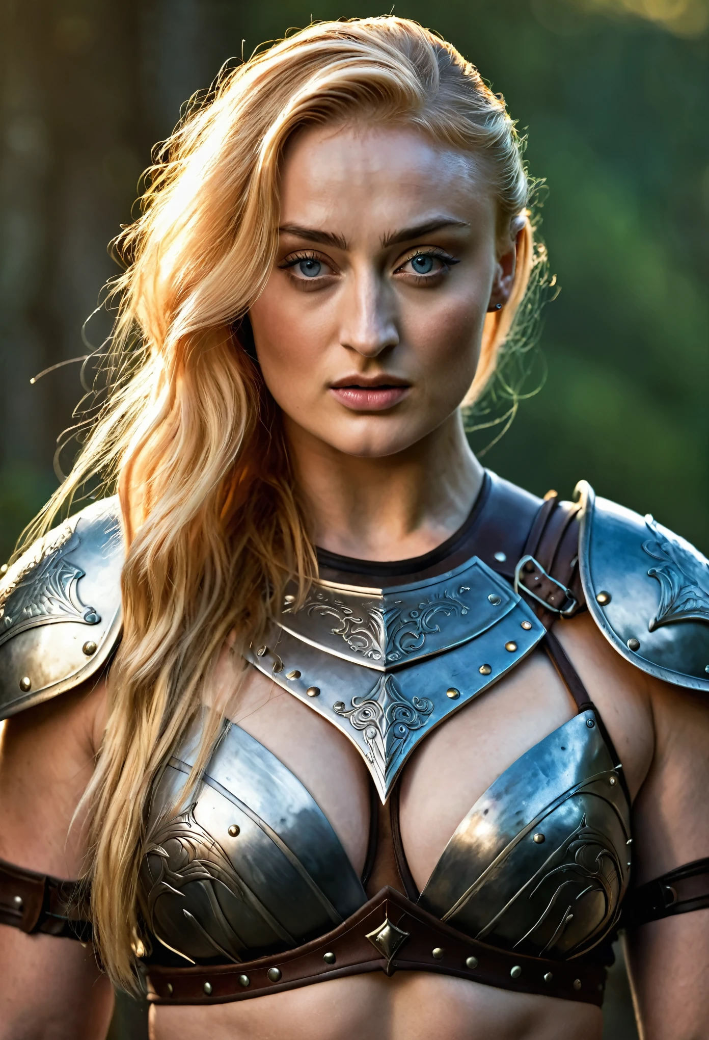 Looks like Sophie Turner, stunning beauty, A beautiful barbarian woman, blonde hair, punk hair, sword and sorcery, skimpy armour, high detail face, high detail skin, muscle definition, high resolution, photo-realistic, cinematic lighting, depth of field, bokeh, sexiest warrior beauty,