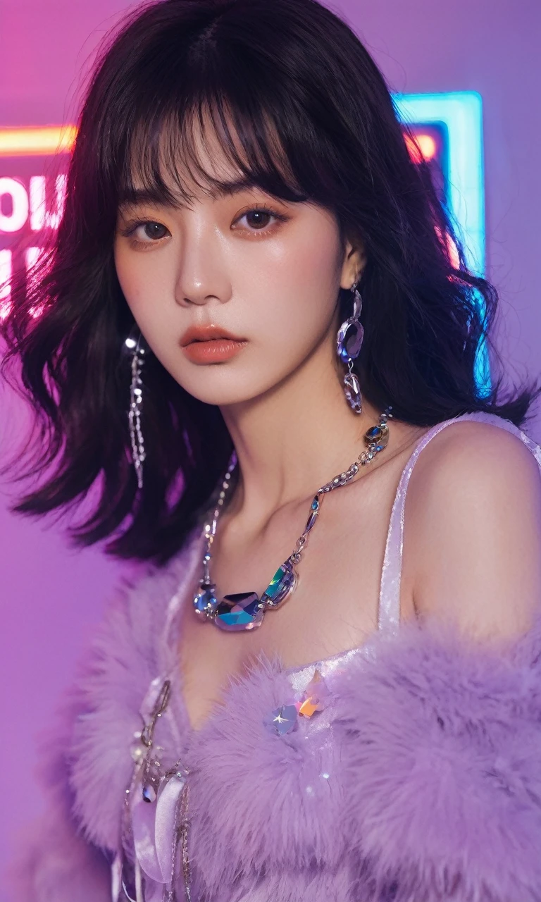 xxmixgirl, woman with a necklace and a necklace with a neon sign in the background, popular korean makeup, character album cover, dark psychedelia style, joy, promotional photoshoot, with a dark fringe, vogue cover style, promotional render, center parted curtain bangs