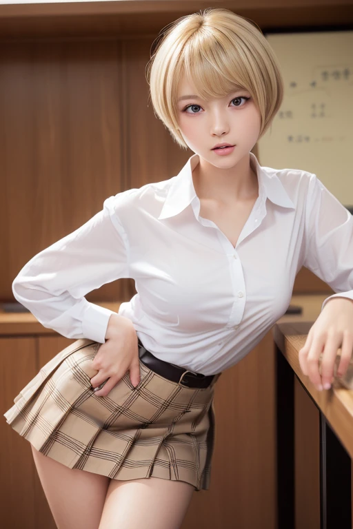 (8k, RAW photos, highest quality, masterpiece: 1.2), ultra detailed, ultra high resolution, (realistic, photoreal: 1.37), high detail RAW color photos, professional photos, depth of field, Very delicate and beautiful, highly detailed 8k wallpapers, highly detailed CG Unity 8k wallpapers, Very detailed beautiful girl, very detailed face, very detailed eyes, very detailed skin, very detailed fingers, Highly detailed nose, very detailed mouth, perfect anatomy, highly detailed background, very detailed clothes, 1 girl, (20 years old: 1.2), cute girl, idol of famous Japan, cute, realistic body, petite, fair skin, shiny skin, slender figure, good figure, (bright blond hair: 1.5), (short hair), (dull bangs: 1.2), smile, cute, young, cute face, Baby face, realistic face, beautiful detailed eyes, drooping eyes, beautiful big eyes, big black eyes, beautiful clear eyes, (school uniform: 1.2), ribbon, white collar shirt, (micro mini skirt: 1.5), (plaid mini skirt: 1.5), short sleeves, dark blue high socks, sexy white thongs, earrings, (JK), (white panties), ( Panty Shots: 1.6), (Panties), Cowboy Shots, Facing Front, (Sexy Pose: 1.6), Contrapost, (Luxury Hotel Living Room: 1.2), Soft lighting,