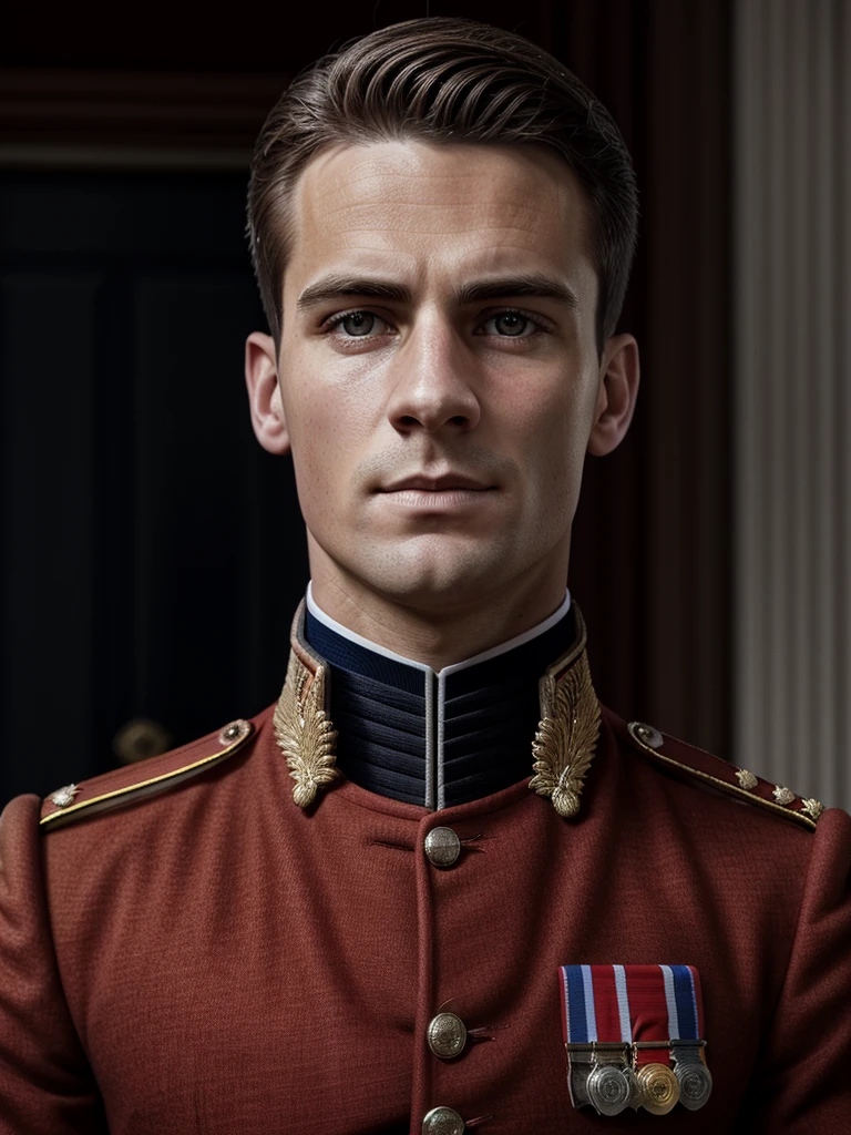 (piece of master), (best quality), realistic view, cinemactic, fotorrealism, rendering, Realistic, ultra detaild, face perfect, portraite, up chest, Young British Guard, man in the 19th century, Guard in England, British Guard uniform, facing the front, looking straight ahead