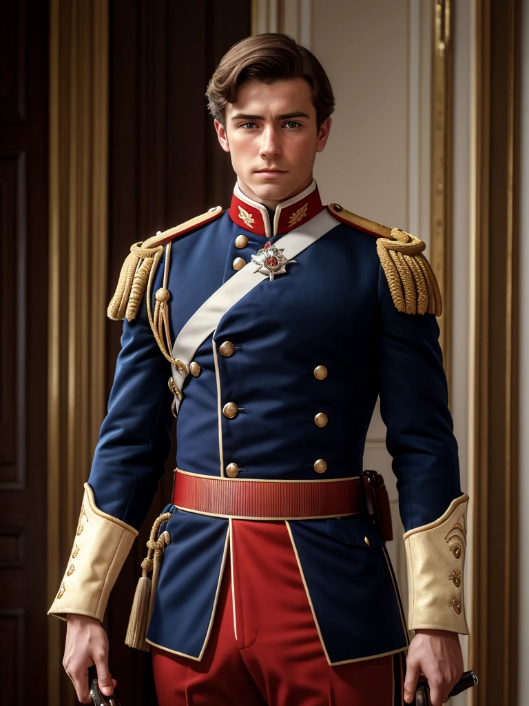 (piece of master), (best quality), realistic view, cinemactic, fotorrealism, rendering, Realistic, ultra detaild, face perfect, portraite, up chest, Young British Guard, man in the 19th century, Guard in England, British Guard uniform, facing the front, looking straight ahead