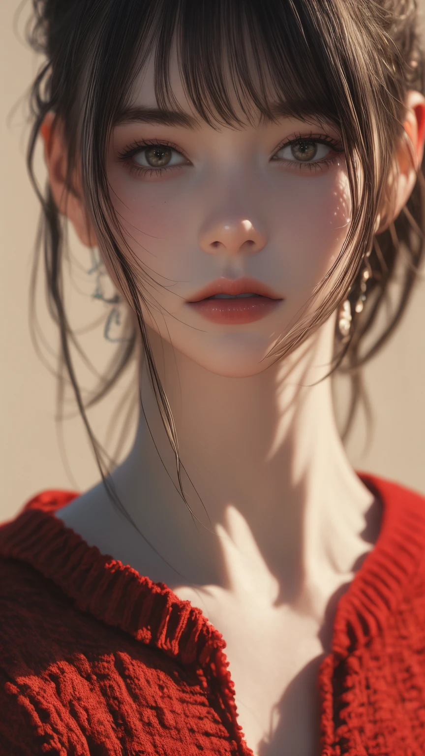 (highly detailed, ultra quality:1.3), (photorealistic:1.4), masterpiece, highres, portrait, 1girl, red sweater , (in the dark), [dramatic ambient lighting], sharp shadows, low key