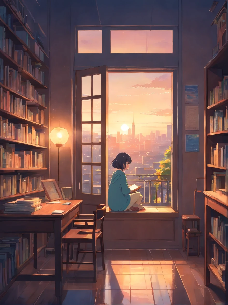 Lonely woman sitting in a window, dark academia aesthetic, cozy, dimly-lit room filled with bookshelves and a reading nook, serene, rainy evening view from a cozy indoor space, large open window, picturesque view of a classic European cityscape, lit streetlights, peaceful, vintage ambiance, wooden furniture and warm, muted lighting.