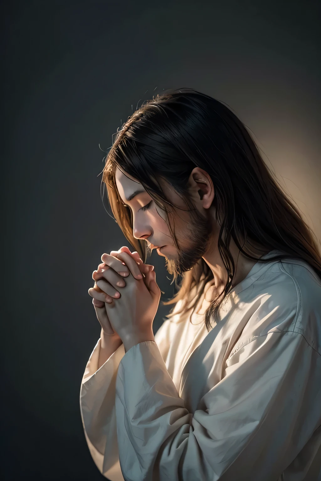 Generate an image of Jesus in the profile, captured in a moment of deep prayer, with hands gently clasped together.