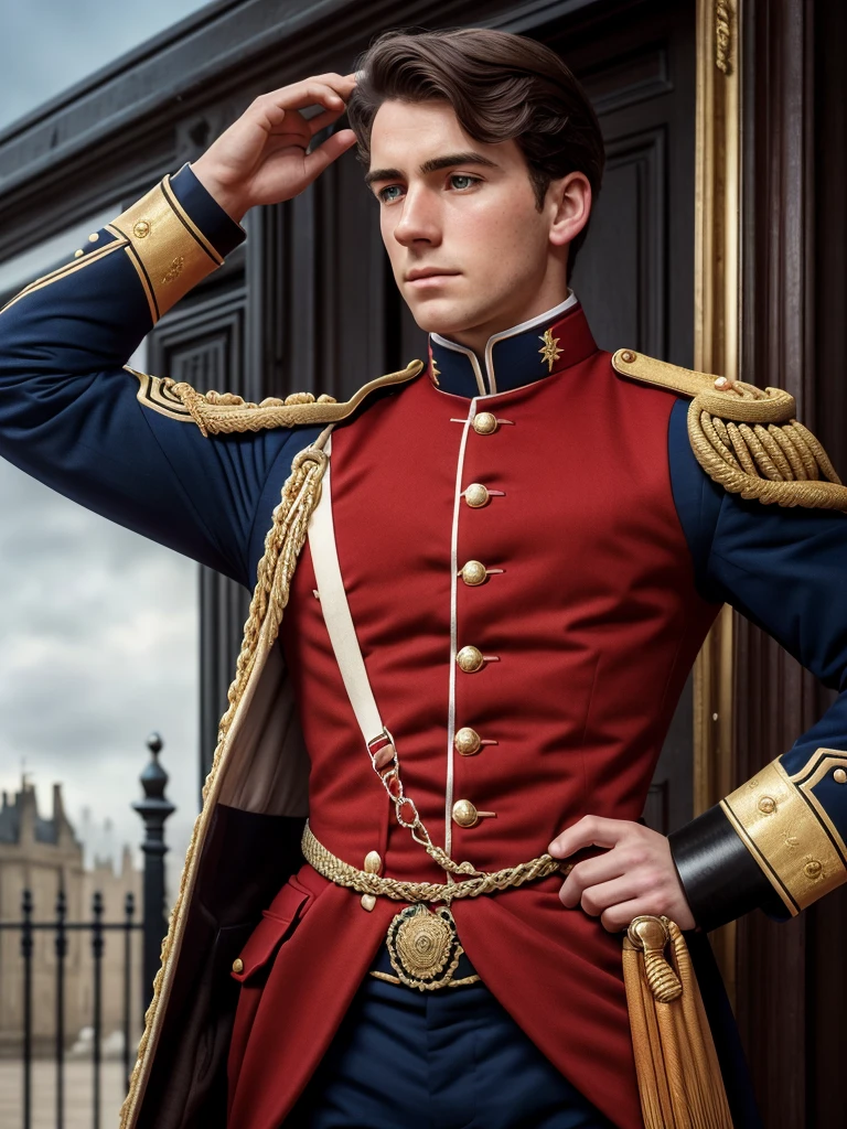 (piece of master), (best quality), realistic view, cinemactic, fotorrealism, rendering, Realistic, ultra detaild, face perfect, portraite, up chest, Young British Guard, man in the 19th century, Guard in England, British Guard uniform, facing the front, looking straight ahead