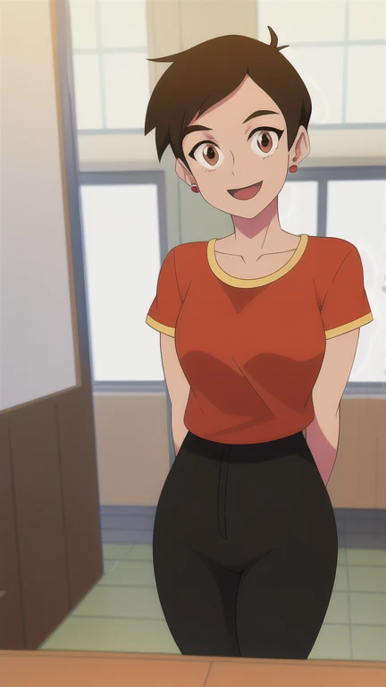 masterpiece, best quality, mawsLoisLane, 1girl, solo, black hair, short hair, brown hair, upper body, smile, shirt, red shirt, looking at viewer, indoor, arms behind back, open mouth, black leggings, earrings, sunlight,