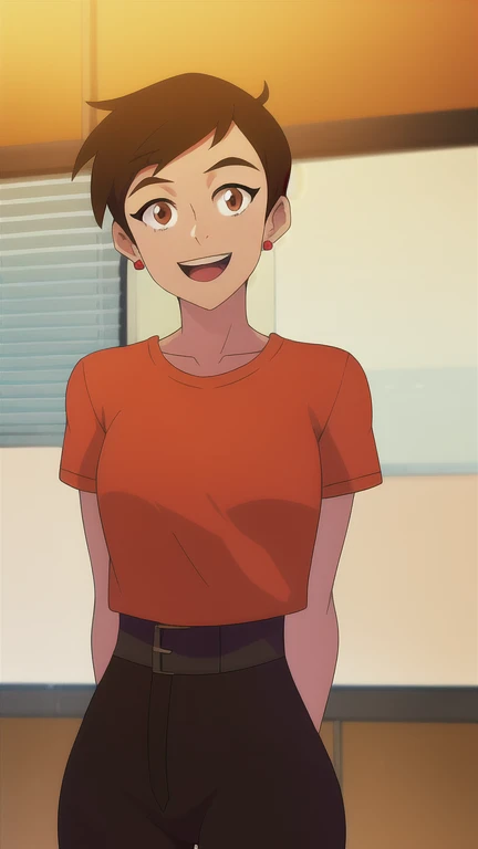 masterpiece, best quality, mawsLoisLane, 1girl, solo, black hair, short hair, brown hair, upper body, smile, shirt, red shirt, looking at viewer, indoor, arms behind back, open mouth, black leggings, earrings, sunlight, 