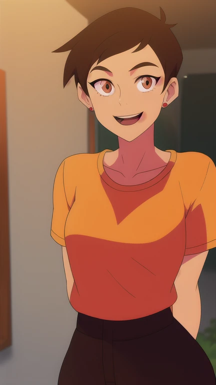 masterpiece, best quality, mawsLoisLane, 1girl, solo, black hair, short hair, brown hair, upper body, smile, shirt, red shirt, looking at viewer, indoor, arms behind back, open mouth, black leggings, earrings, sunlight, 