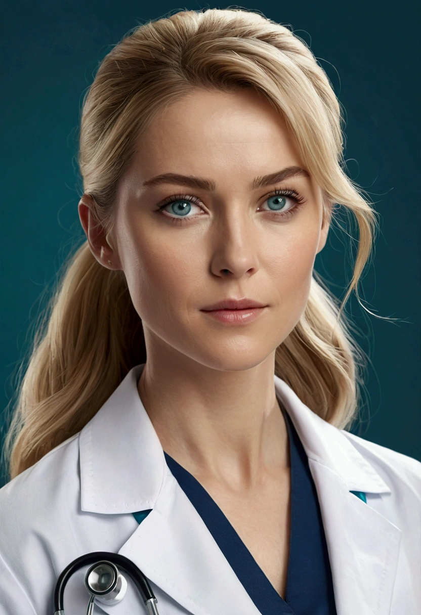 Doctor's Appearance: A blonde specialist doctor with blue eyes and long hair tied into a sleek ponytail. His face conveys intelligence and dedication.

Clothing: She wears a white coat with her name embroidered on it, combined with a black pencil skirt and a white shirt. She wears comfortable flat shoes.

Accessories: A pink stethoscope hangs around her neck, and she wears a name tag with her photo and name. 

Setting: The background is an examination room equipped with an anatomical model and modern medical equipment. There is a window overlooking green trees.

Pose: She is half-length away from the camera, looking slightly towards the camera, showing concentration in the conversation with the audience.