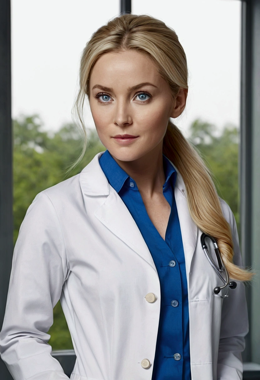 Doctor's Appearance: A blonde specialist doctor with blue eyes and long hair tied into a sleek ponytail. His face conveys intelligence and dedication.

Clothing: She wears a white coat with her name embroidered on it, combined with a black pencil skirt and a white shirt. She wears comfortable flat shoes.

Accessories: A pink stethoscope hangs around her neck, and she wears a name tag with her photo and name. 

Setting: The background is an examination room equipped with an anatomical model and modern medical equipment. There is a window overlooking green trees.

Pose: She is half-length away from the camera, looking slightly towards the camera, showing concentration in the conversation with the audience.