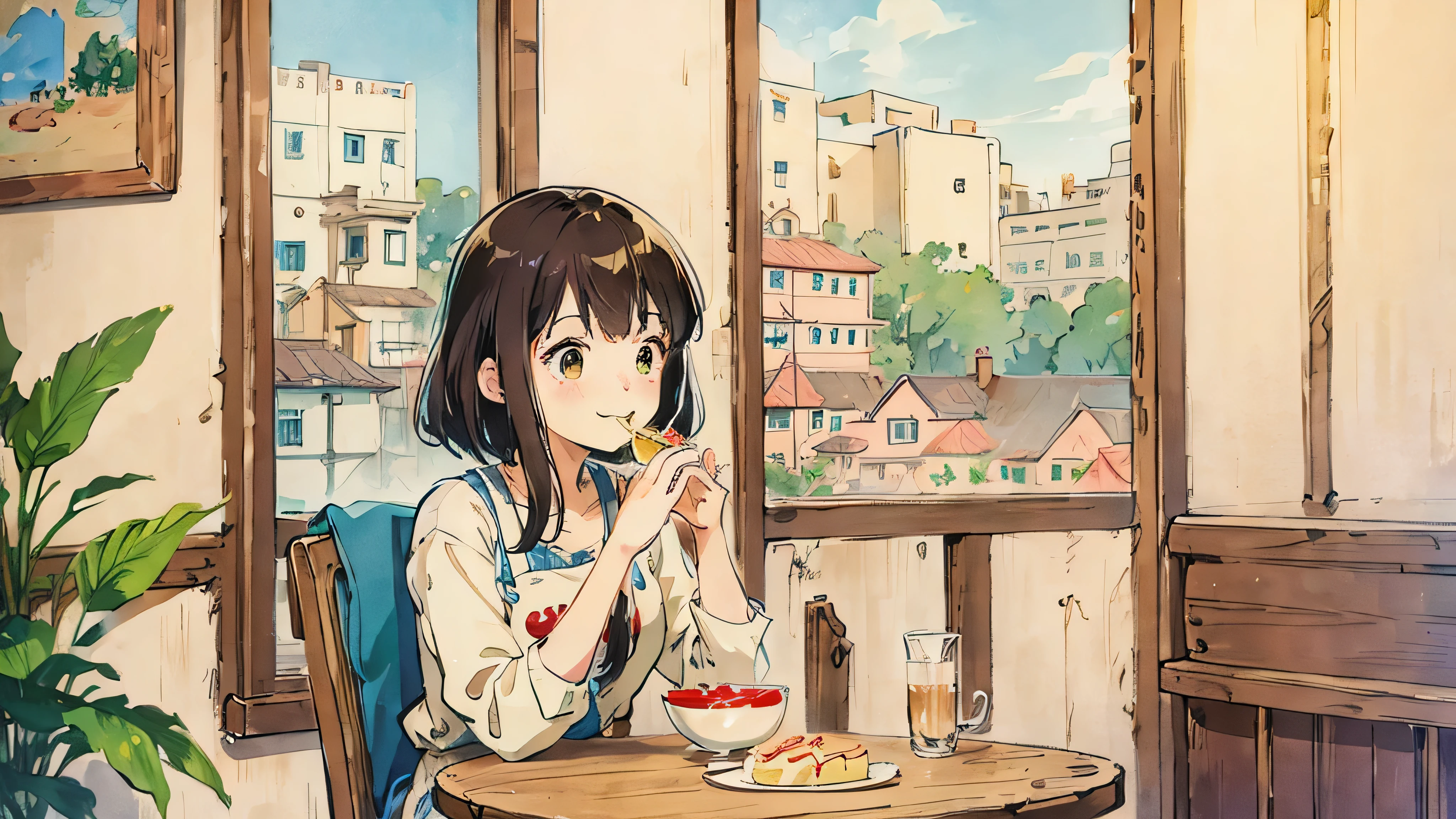 1 female, 18 years old, cute, smiling, eating shortcake, cafe, Studio Ghibli style illustration