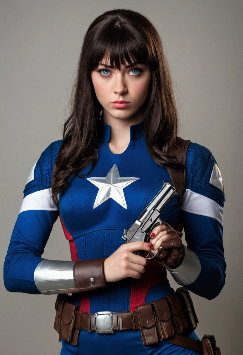 Young woman in Captain America costume, she is brunette with blue eyes, black hair with bangs, she holds two pistols, half body image.