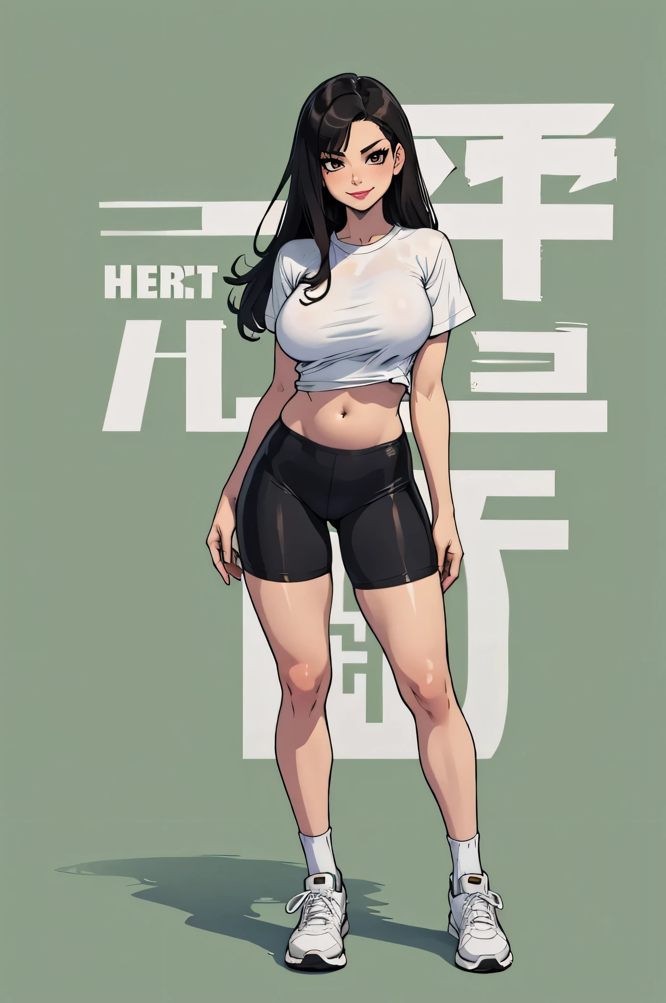 green solid background, 1 woman, best quality, ultra high res, red full lips, long hair, black hair, Anime brown eyes, Asian girl, bike shorts, sneakers, white socks, toned tummy, blank white t-shirt, short sleeves, smirk at viewers, double D breast, standing, full body
