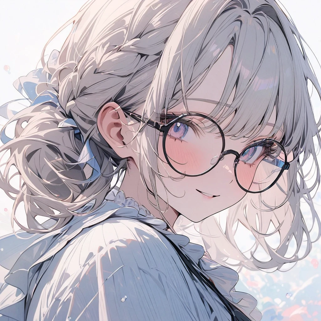 (masterpiece), best quality, very aesthetic, newest, absurdres, detailed, high quality, (close up), 1girl, , friendly, bubbly, modest, glasses, ((closed smile)), soft colors, background, ((cute))
