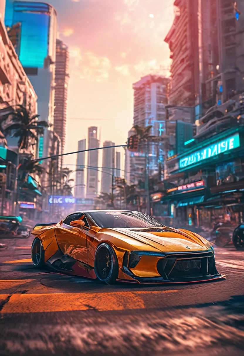 Sports car racing down cyberpunk Miami city, Cyberpunk Car wallpaper, bright sunny day, beautiful cloudy sky, perfect car anatomy and proportions, streets neon signs and debris, exciting epic action camera, masterpiece quality phone wallpaper, sharp details, (masterpiece:1.2) (photorealistic:1.2) (bokeh) (best quality) (intricate) (8k) (HDR) (cinematic lighting) (sharp focus)