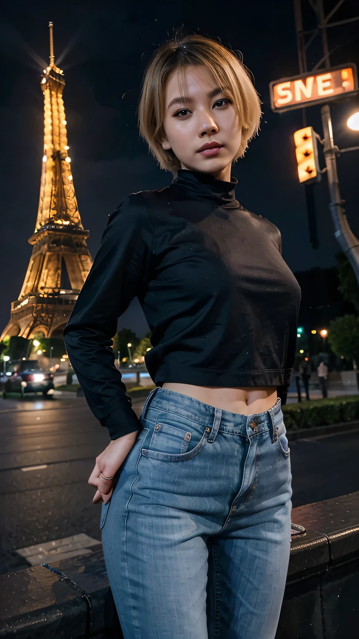 asian woman, blond short hair, blur eyes, 24 years old, posing on the eiffel tower background, night view, wearing top and jeans