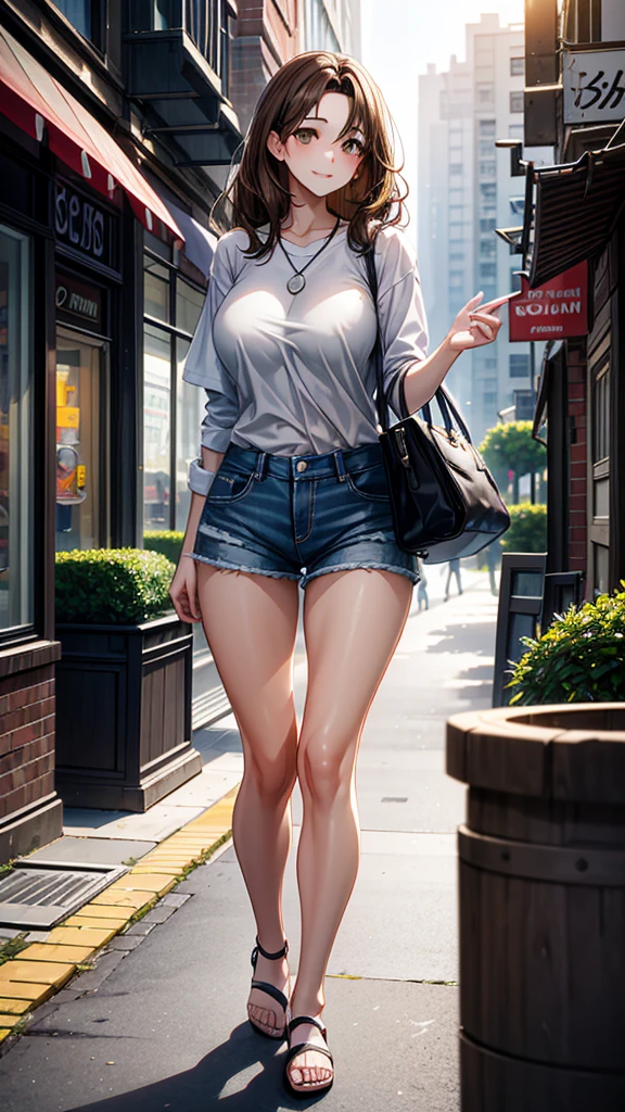 ((High resolution)), ((Lighting and color)), ((masterpiece)), ((Brown eyes)), A young woman with dark eyes., wavy brown hair, left loose and slightly disheveled by the breeze, confidently stands on a bustling urban street. He is wearing a loose white cotton shirt that highlights his natural elegance.., paired with gray denim shorts that complement your casual style.. She poses with a subtle, Confident smile, leaning your body slightly to one side. The background features a mix of modern skyscrapers., Quaint cafes, and bustling pedestrians. The soft sunlight softly illuminates your face., creating a warm glow and emphasizing your presence amidst the hustle and bustle of the city."