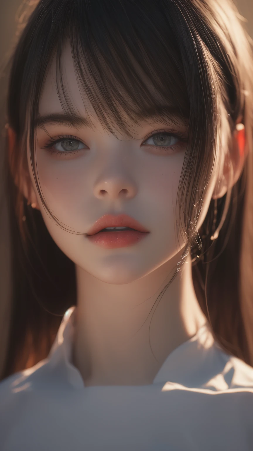 (highly detailed, ultra quality:1.3), (photorealistic:1.4), masterpiece, highres, portrait, 1girl, white shirt , (in the dark), [dramatic ambient lighting], sharp shadows, low key