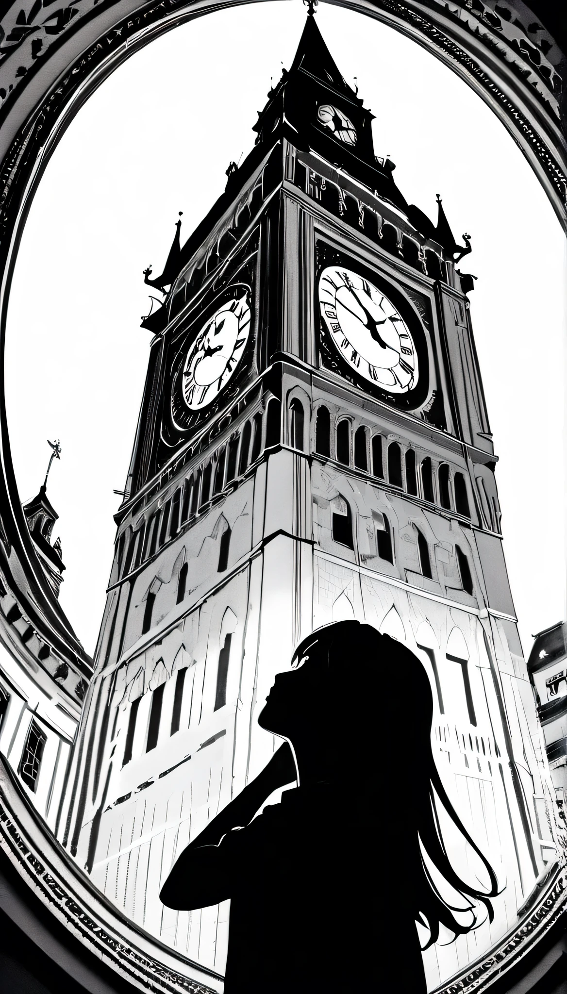 ((Monochrome artwork))、((Paper cutting style)),High contrast、(8k, Highest quality)、Ultra-high resolution、adorable、Highest quality, beautiful, Absurd beauty、masterpiece、Best image quality、(Silhouette),Clock Tower and Girl Theme、European Landscape、Clock Tower Background、A girl taking a commemorative photo、Looking up from below、Emphasize shading