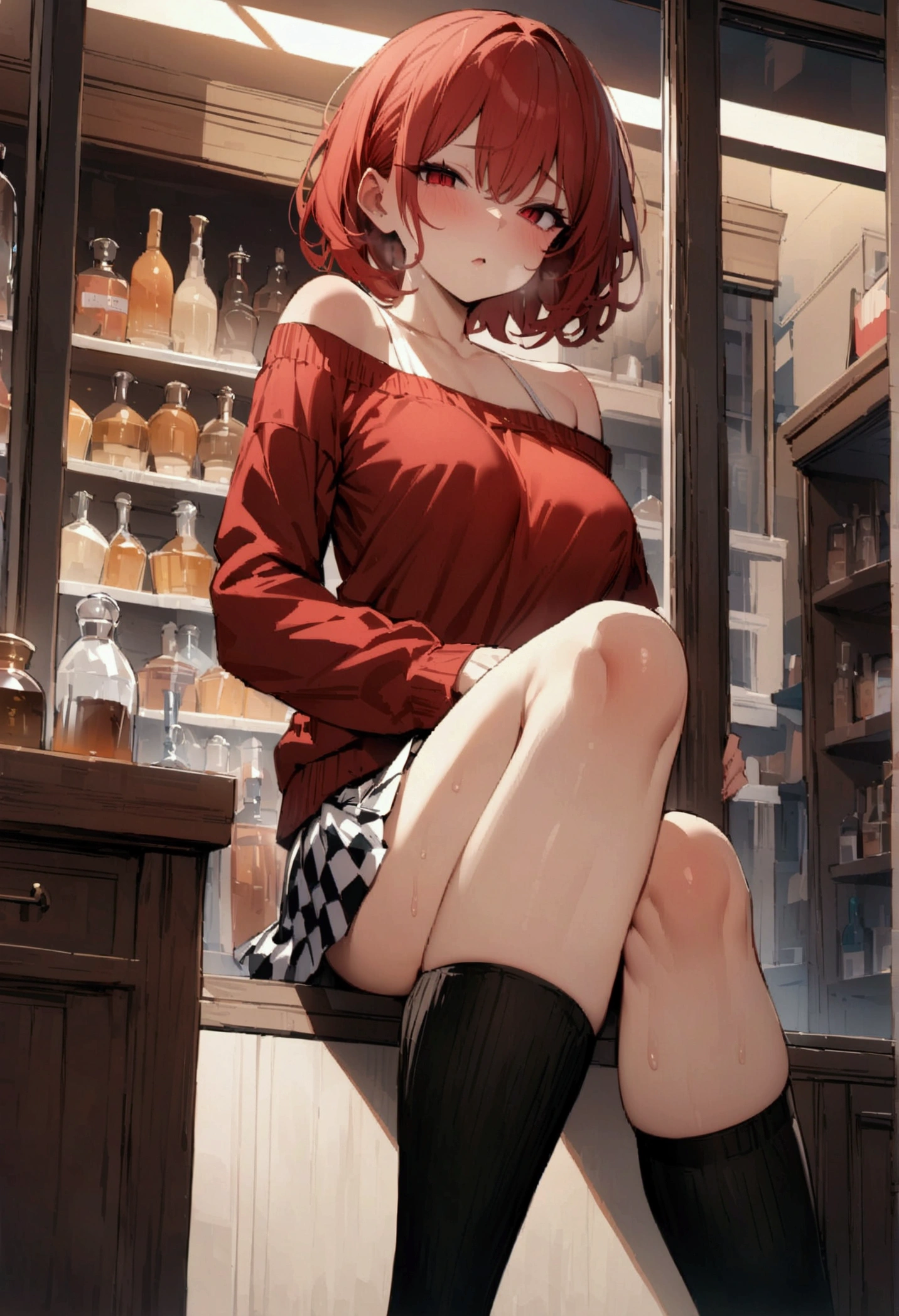 NSFW,masterpiece,Highest quality,High resolution,Very detailed,short hair,Red Hair,Red eyes,Slit eyes,Off-the-shoulder shirt,Long sleeve,Checkered pleated mini skirt,Knee-high socks,bustling street,shop window