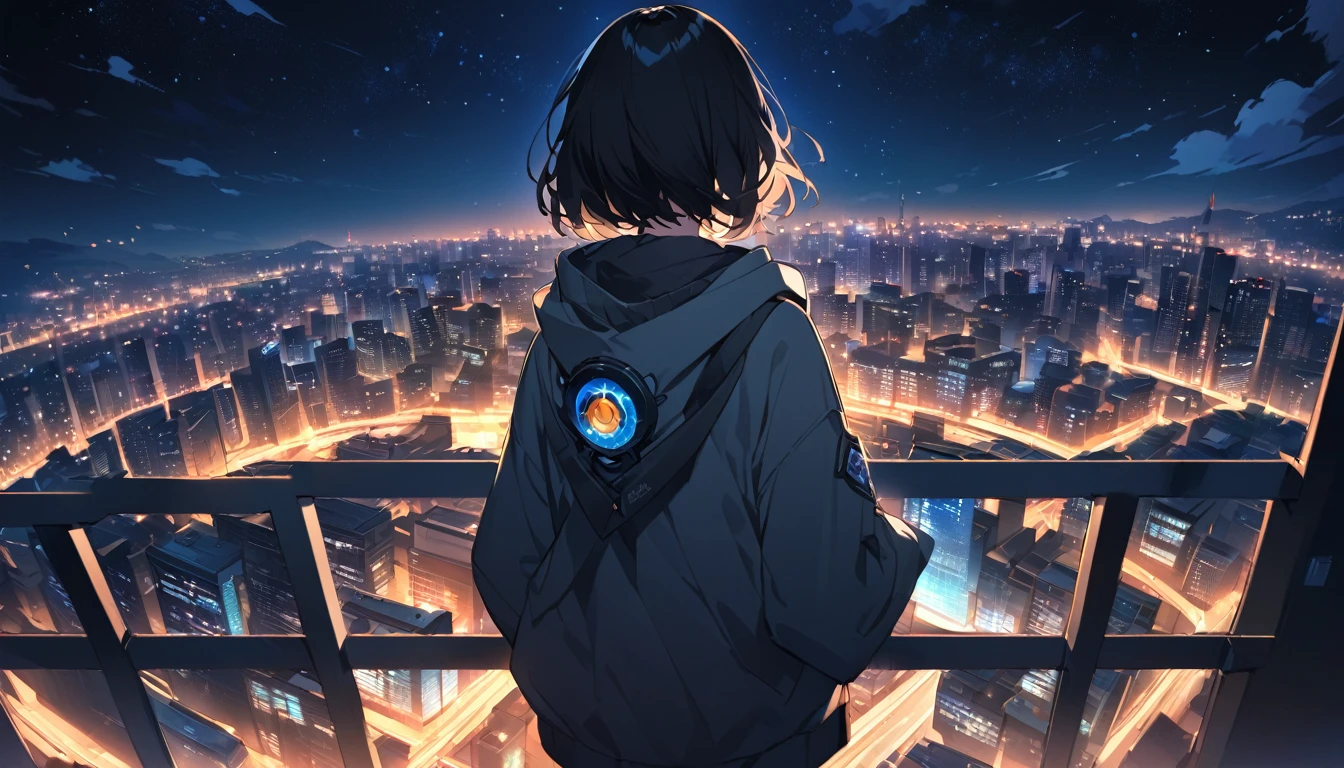 Starry Sky、Night view、City、One woman、Black Hair、Short Hair、Hair blowing in the wind、Wearing a hoodie、Back view、Full body portrait、Overlooking the city from the balcony、Vision