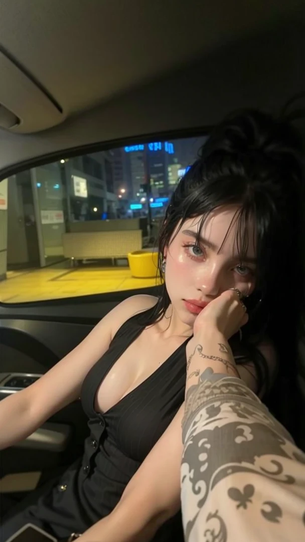 Blonde woman with long hair and piercings posing for a photo..., with long black hair, with long black hair, Perfect white hair girl, Ava Max, tifa lockhart with black hair, pale porcelain white skin, anime girl in real life, with black hair, extremely black hair, very black hair, with long black hair, her hair is black