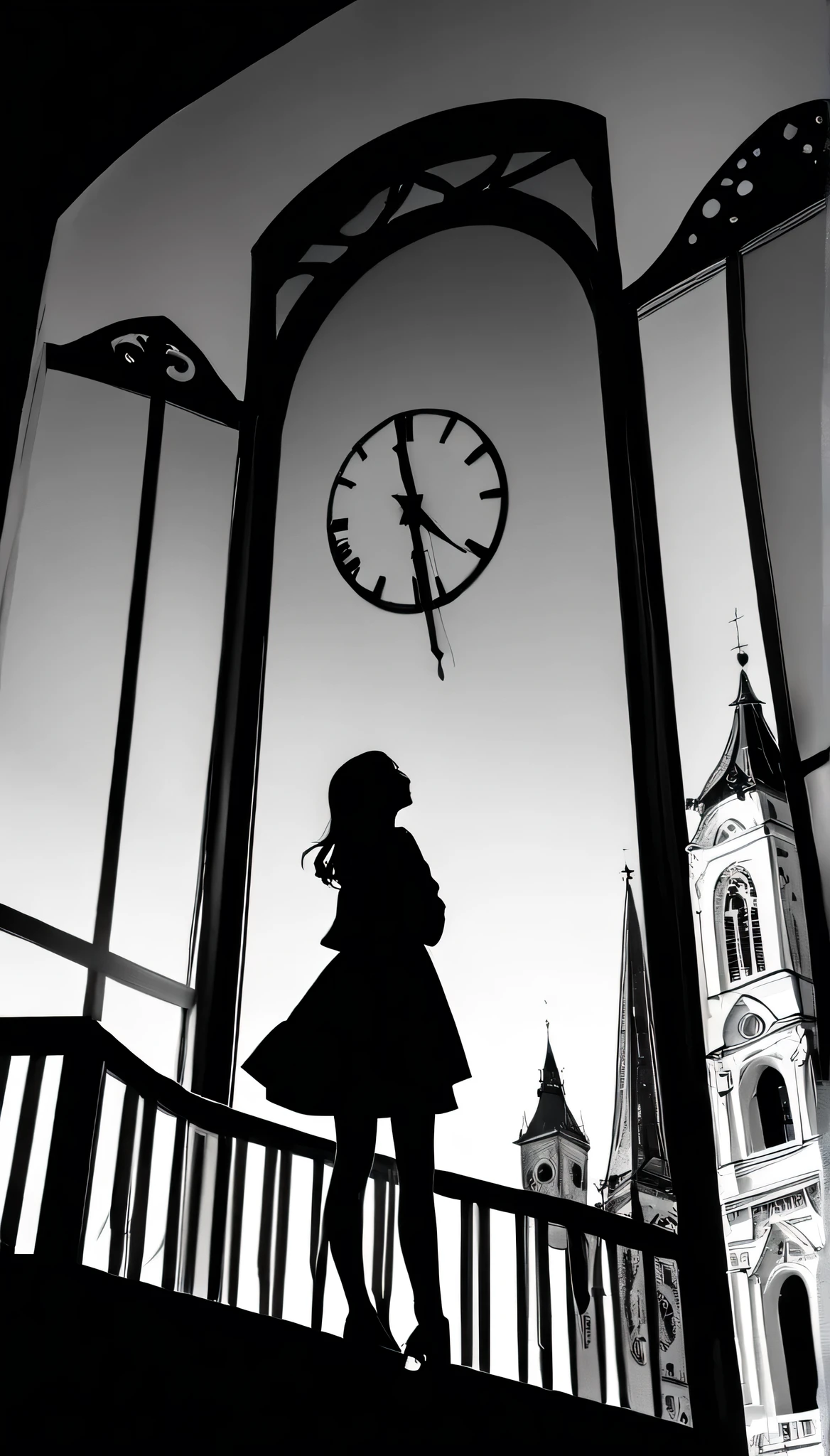 ((Monochrome artwork))、((Paper cutting style)),High contrast、(8k, Highest quality)、Ultra-high resolution、adorable、Highest quality, beautiful, Absurd beauty、masterpiece、Best image quality、(Silhouette),Clock Tower and Girl Theme、European Landscape、Clock Tower Background、A girl taking a commemorative photo、Looking up from below、Emphasize shading