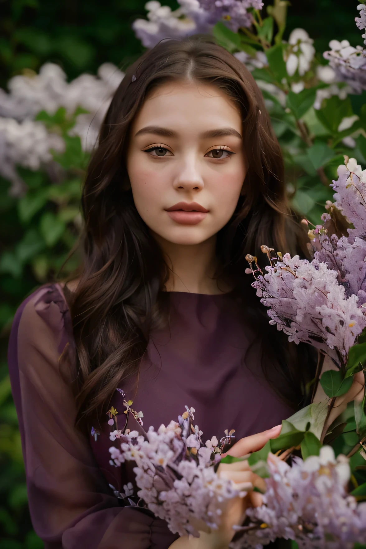 Araffed woman in a dark burgundy dress holds a bouquet of lilacs, with flowers, portrait of Sophie Mudd, 7 0mm portrait, female portrait with flowers, soft portrait shot 8k, portrait 60 mm, her face is a mauve flower, portrait shot 8k, color photography portrait 4k, girl in flowers, portrait in the middle of the shot, portrait 50 mm