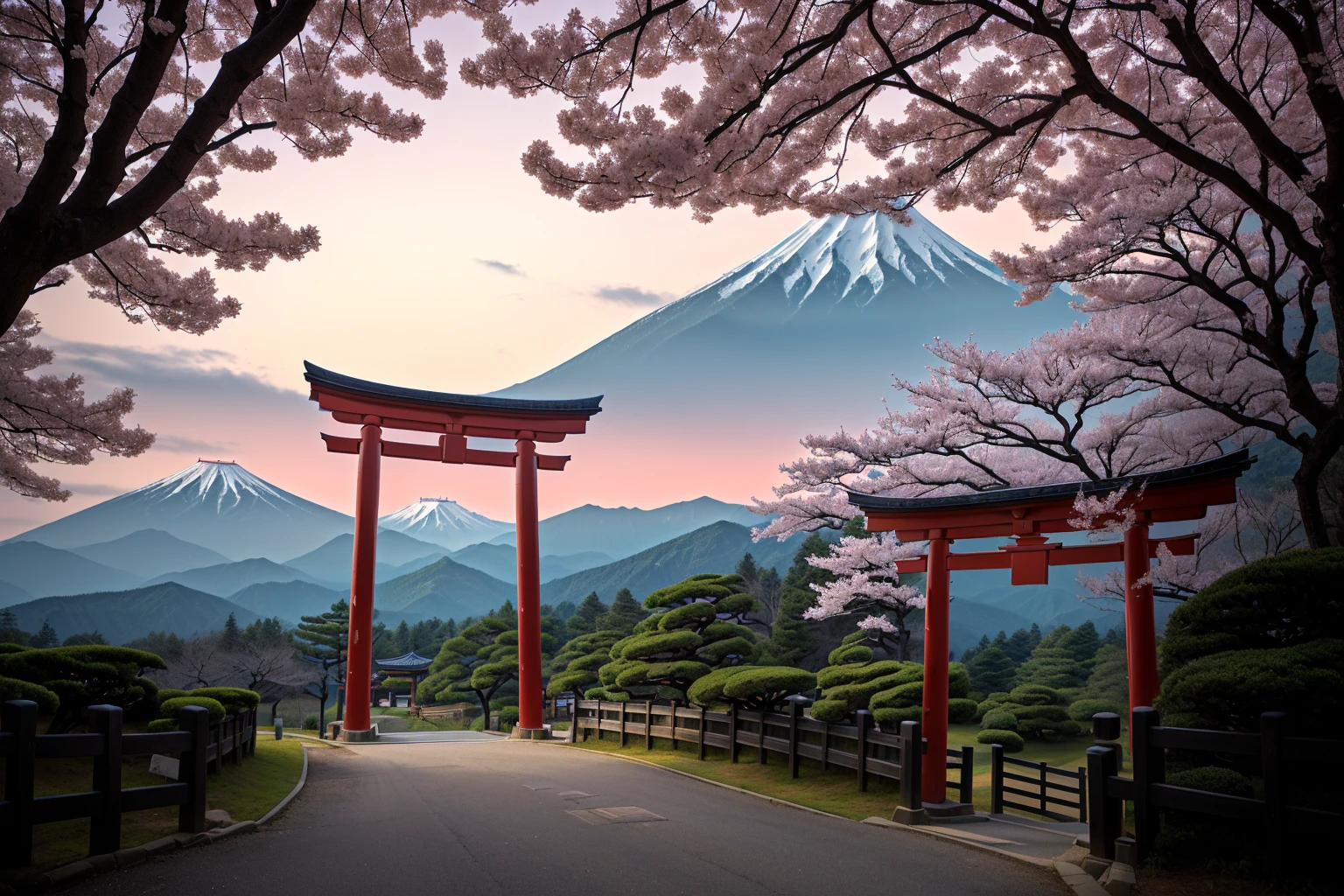 Arafad view with gate and path leading to the mountain, Mount Japan中的鸟居, Torii gate with trees on the mountain, Japanese Landscape, The Flowery Road to Heaven, Japanese Nature, Japanese travel aesthetics, lush Japanese Landscape, Inspired by Torii Kiymoto, Japanese temples, Mount Japan, Japanese Shrines, Centered Torii，((low angle shot 1.7)) ((Camera lens close to the ground to shoot 1.8))