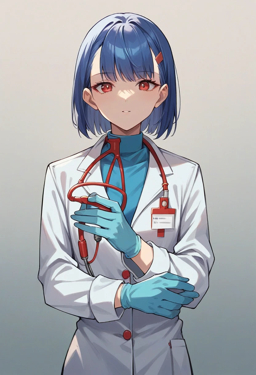 1girl, bangs, ((blue medical gloves)), ((((long sleeves)))), looking at viewer, ((red doctor outfit)), standing, solo